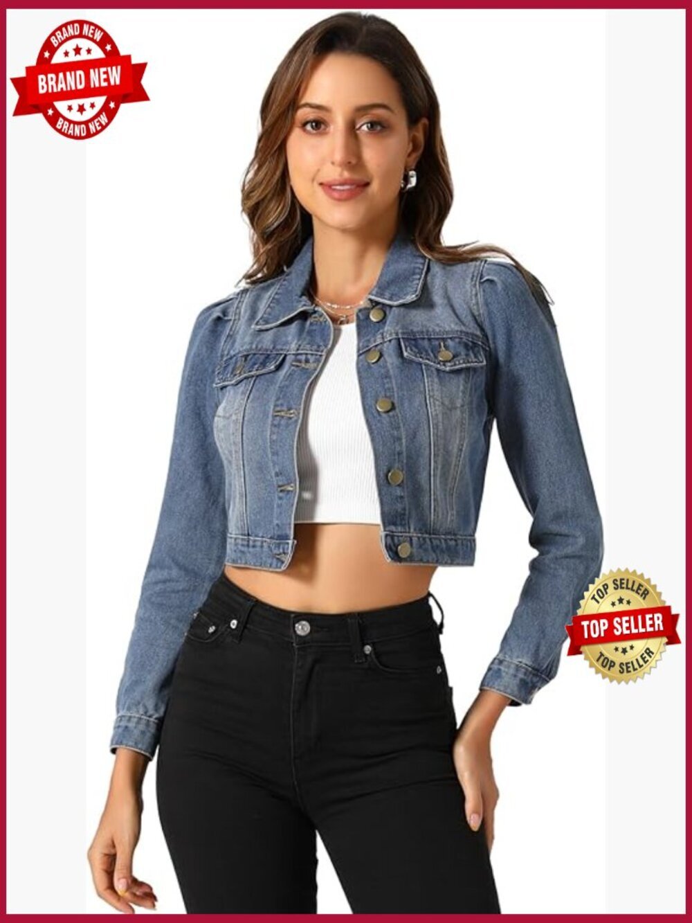 Cropped Denim Jacket Button Down Puff Sleeve Jean Jacket